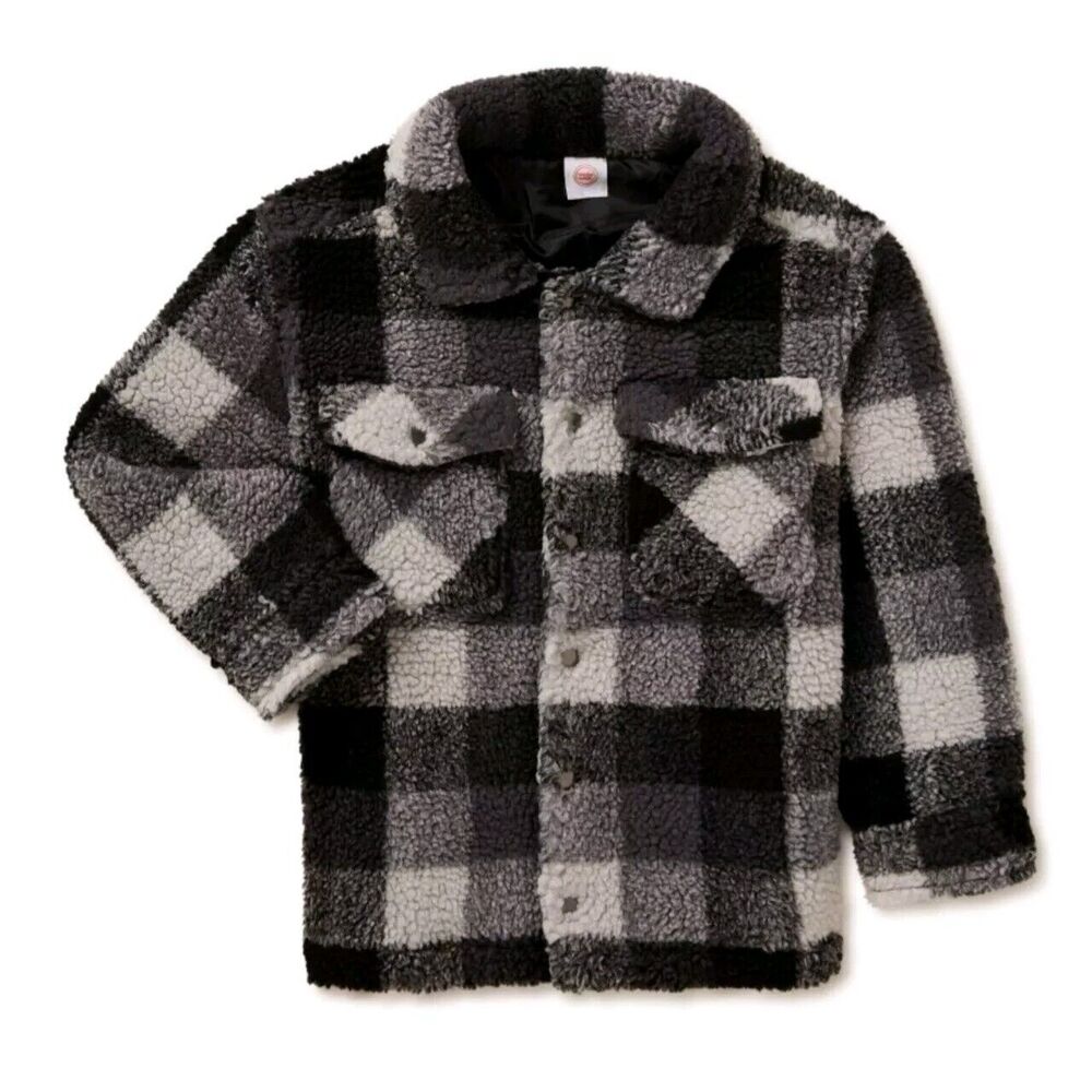 Wonder Nation‎ Boys Faux Sharpa Button Trucker Jacket Black Plaid,Size S (6-7)
